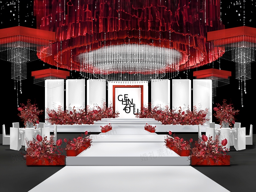 红白色喜庆秀场风格婚礼设计效果图素材psd源文件 - 婚礼素材网