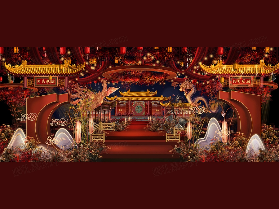 大红色古典中式高端龙凤屋檐传统图案婚礼设计效果图素材psd - 婚礼素材网