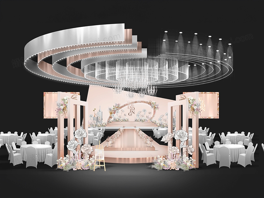 藕粉色浅粉色欧式法式布艺水晶珠帘吊灯婚礼设计背景方案素材 - 婚礼素材网