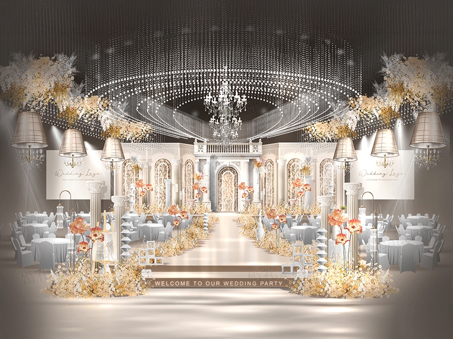 香槟色罗马柱拱门水晶吊顶法式庄园风格高端婚礼设计素材效果图 - 婚礼素材网