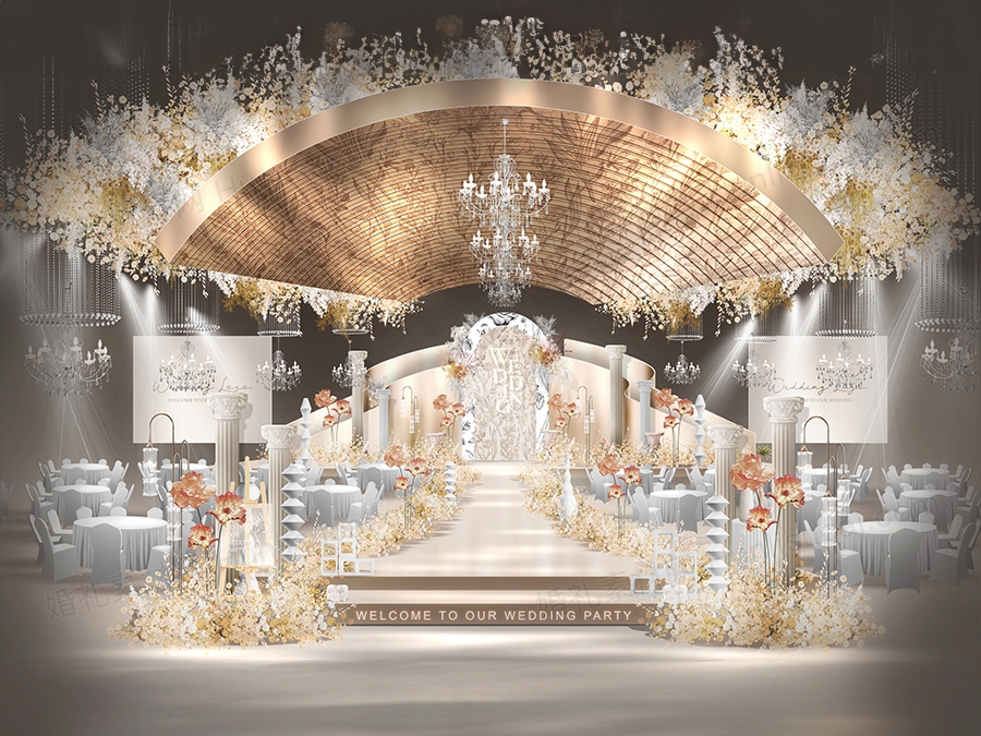 香槟色弧形背景法式庄园主题高端大气明星婚礼设计效果图素材 - 婚礼素材网
