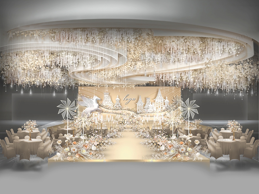香槟色简约城堡背景婚礼设计舞台展示区风车路引效果图素材psd - 婚礼素材网