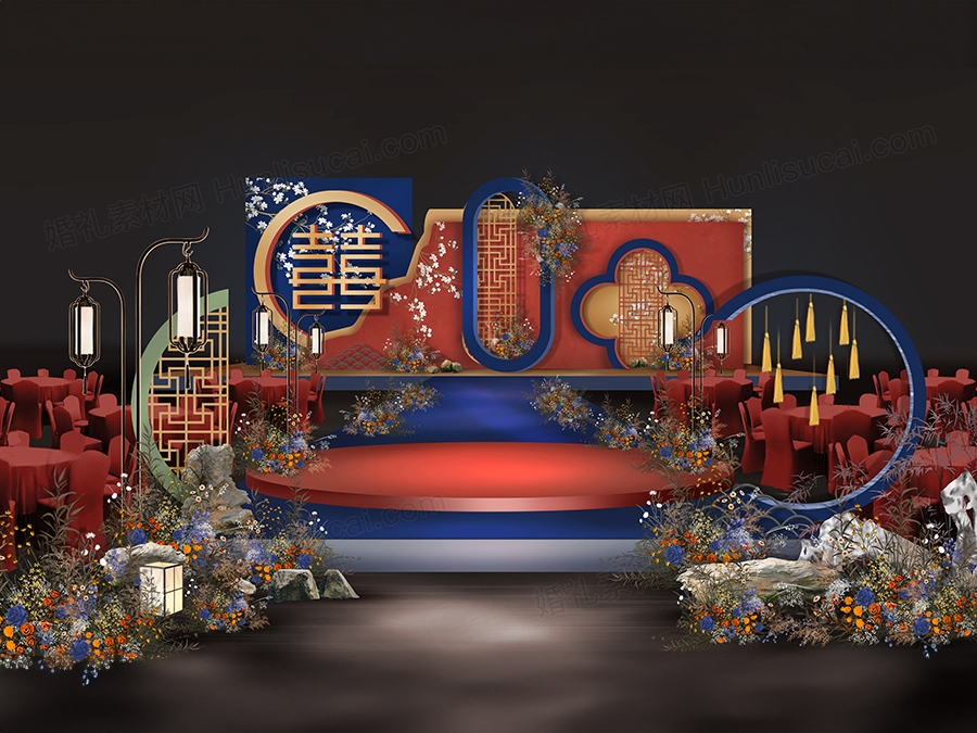 橘色蓝色朱砂红新中式古典喜庆婚礼设计效果图背景素材psd - 婚礼素材网