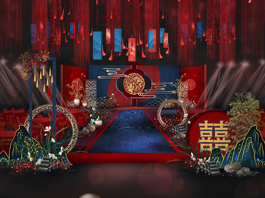 红蓝色撞色风格新中式婚礼设计舞台展示区效果图背景素材psd - 婚礼素材网