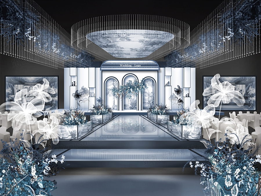 蓝白色法式风格小香风高端婚礼设计效果图背景方案素材psd - 婚礼素材网