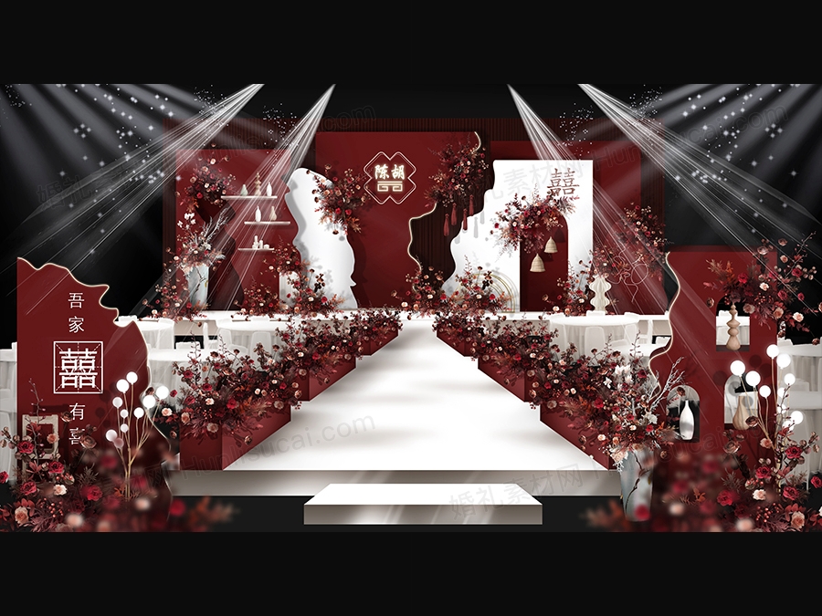 红白色侘寂风喜庆新中式婚礼设计效果图背景布置素材psd源文件 - 婚礼素材网