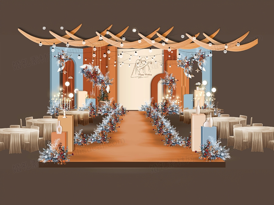 橘色咖色蓝色撞色风格泰式婚礼设计效果图背景方案素材psd - 婚礼素材网