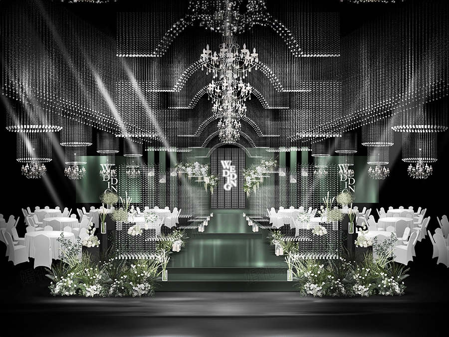 深绿色秀场风格高端婚礼设计水晶吊顶婚礼设计效果图素材psd - 婚礼素材网