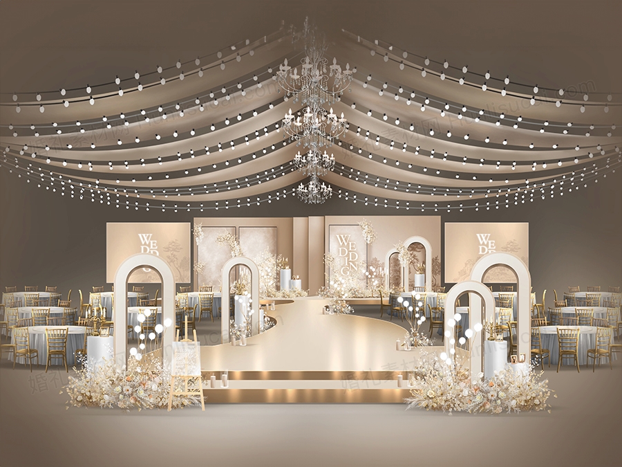 香槟色古典简约法式婚礼设计舞台展示区效果图背景方案素材psd - 婚礼素材网