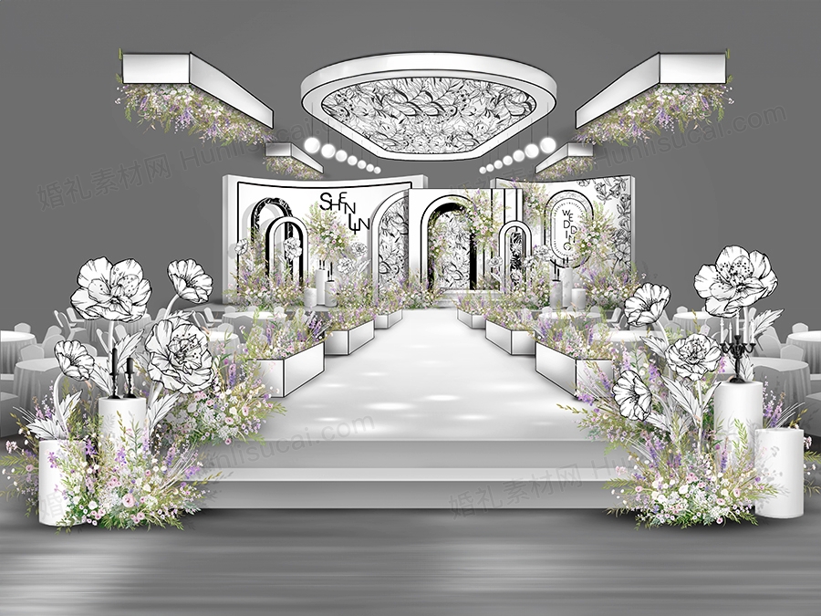 黑白色小香风高端法式碎花婚礼设计舞台效果图背景方案素材psd - 婚礼素材网