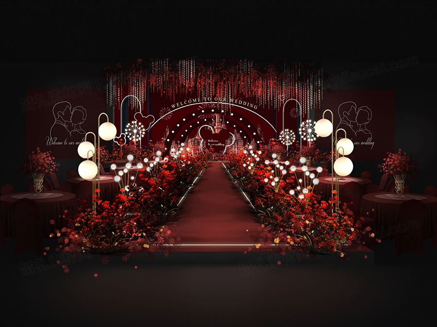 深红色喜庆米奇主题高端婚礼设计效果图背景方案PSD素材源文件 - 婚礼素材网