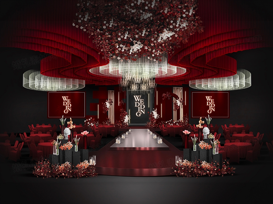 深红色白色高端喜庆法式婚礼设计舞台效果图背景方案素材psd - 婚礼素材网