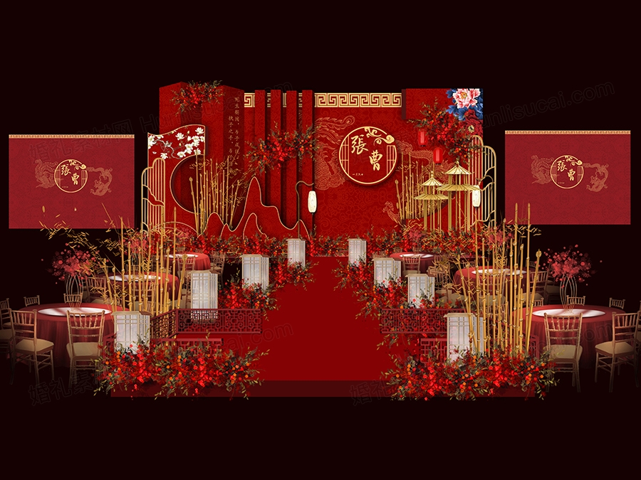大红色喜庆古典传统婚礼设计屋檐牌楼中式舞台效果图背景素材 - 婚礼素材网