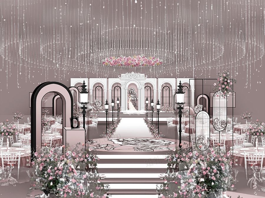 粉色黑色花朵高端法式小香风婚礼设计效果图背景方案素材psd - 婚礼素材网