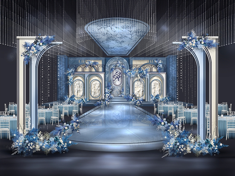蓝色古典拱门古典法式小香风婚礼设计效果图背景方案素材psd - 婚礼素材网