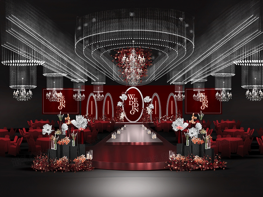 红色喜庆高端大气欧式法式婚礼设计舞台效果图背景喷绘素材psd - 婚礼素材网