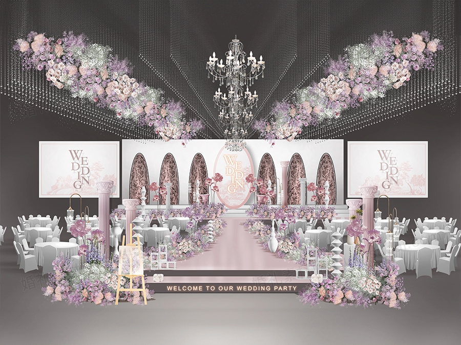 豆沙粉色高端大气欧式法式庄园婚礼设计舞台效果图背景素材psd - 婚礼素材网