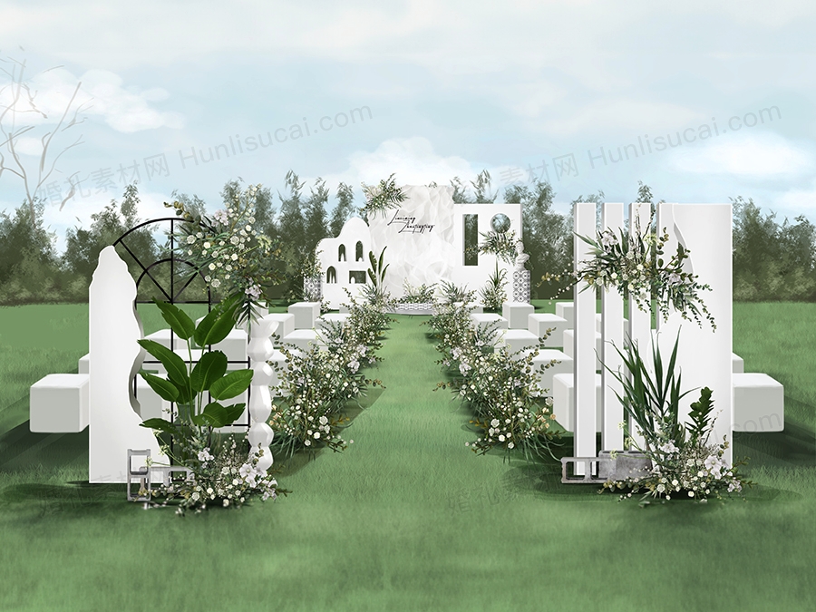 白绿色户外侘寂风草坪婚礼设计效果图背景方案喷绘素材psd - 婚礼素材网