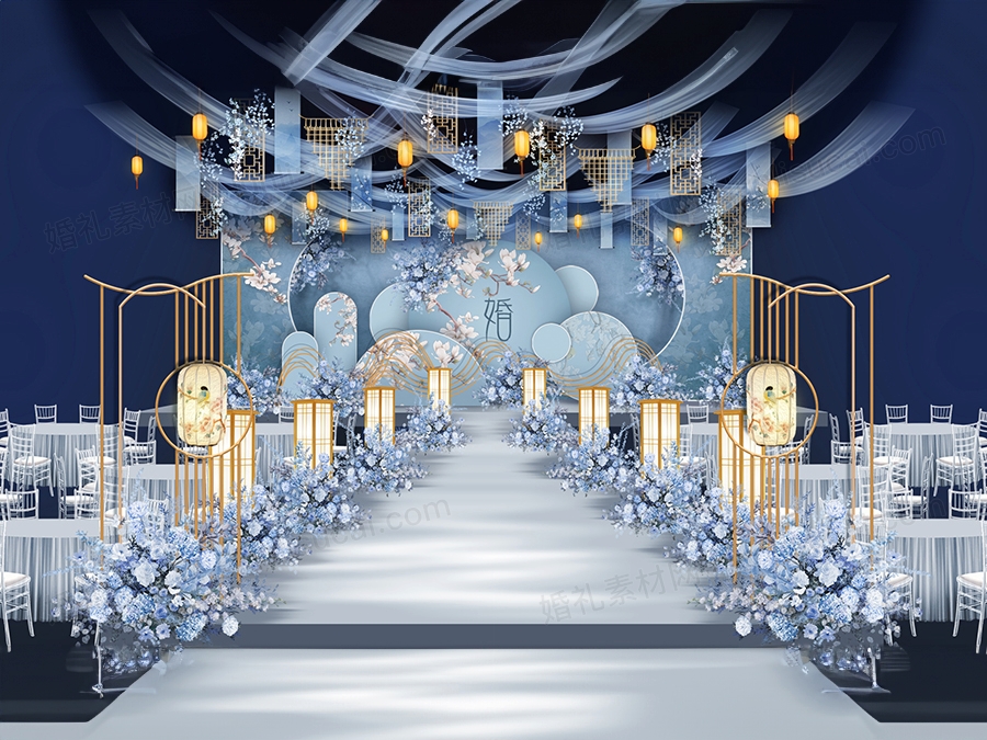 雾霾蓝中式古典婚礼设计舞台效果图背景方案PSD分层喷绘素材 - 婚礼素材网