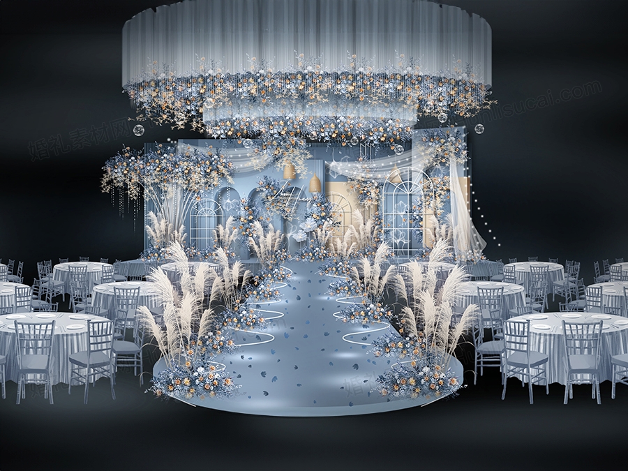 雾霾蓝高端简约泰式婚礼设计舞台展示区效果图背景方案素材psd - 婚礼素材网