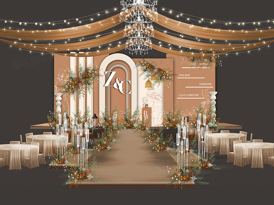 橘咖色赭石色泰式简约现代婚礼设计效果图背景方案PSD素材 - 婚礼素材网