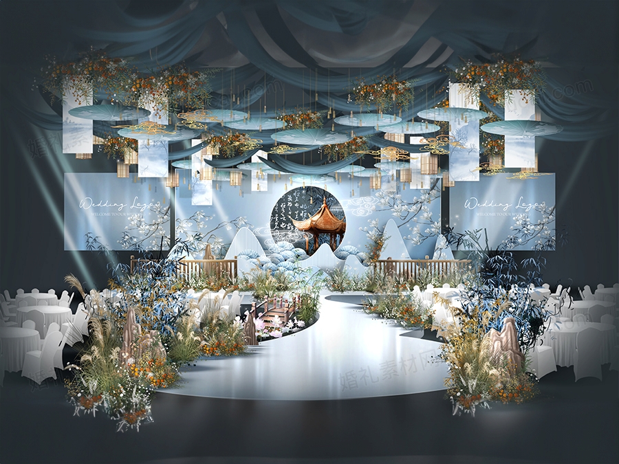 淡蓝色雾霾蓝新中式传统古典意境艺术婚礼设计效果图素材psd - 婚礼素材网