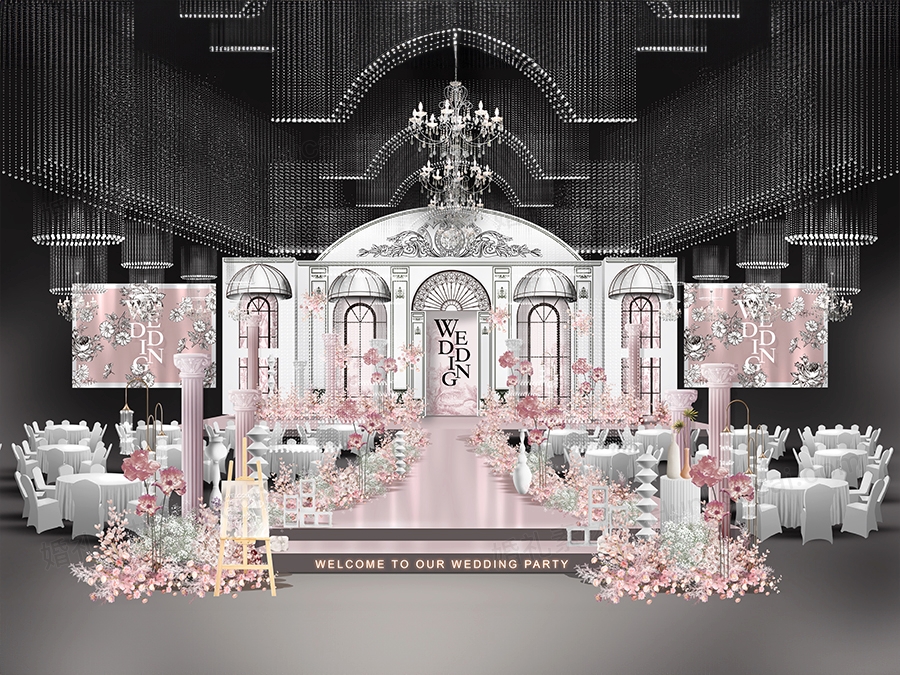 粉白色法式小香风高端婚礼设计小红书同款效果图背景方案素材 - 婚礼素材网