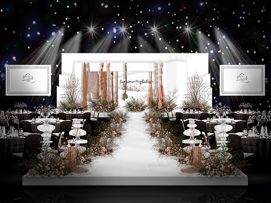 白色简约风格侘寂风婚礼设计效果图背景方案喷绘KT板PSD素材 - 婚礼素材网