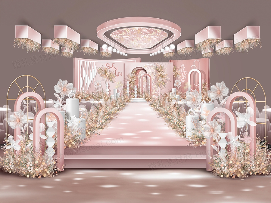 粉色浪漫温馨高端大气法式庄园小香风婚礼设计效果图方案素材 - 婚礼素材网