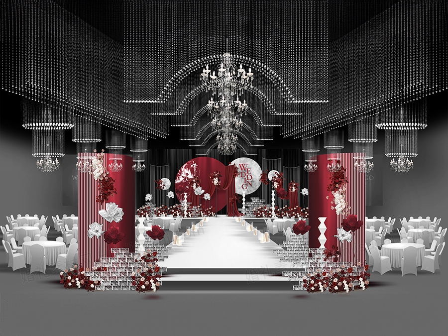酒红色喜庆舞台圆形背景水晶珠帘吊顶高端婚礼设计背景素材效果图 - 婚礼素材网