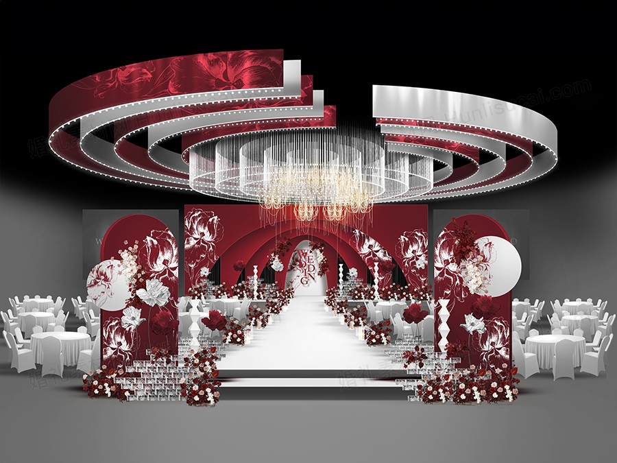 红白色简约喜庆法式秀场风格小香风婚礼设计效果图背景素材psd - 婚礼素材网