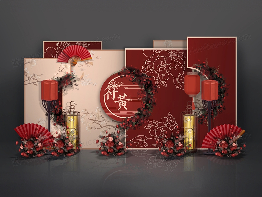 红色香槟色喜庆新中式牡丹勾线花纹背景婚礼设计素材效果图psd - 婚礼素材网