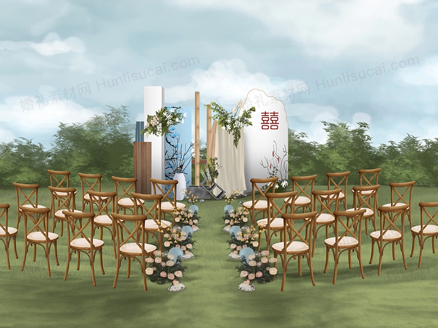 现代新中式侘寂风艺术创意户外草坪婚礼设计背景素材效果图psd - 婚礼素材网