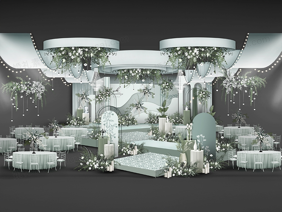 莫兰迪绿色简约高级感婚礼设计舞台效果图背景方案素材psd - 婚礼素材网
