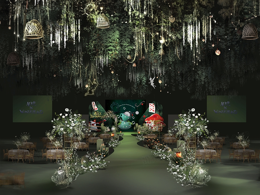 绿色森系爱丽丝梦游仙境主题绿野仙踪婚礼设计舞台背景素材效果图 - 婚礼素材网