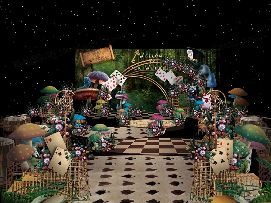 绿色森系魔幻风格爱丽丝主题蘑菇婚礼设计舞台效果图素材psd - 婚礼素材网