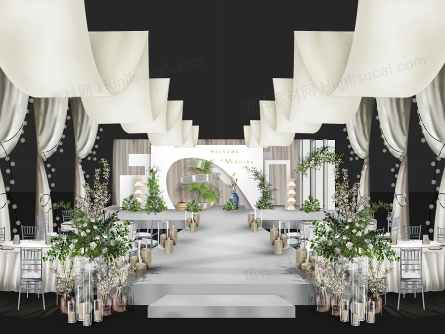 白色韩式高级感简约布艺吊顶婚礼设计舞台效果图背景素材psd - 婚礼素材网