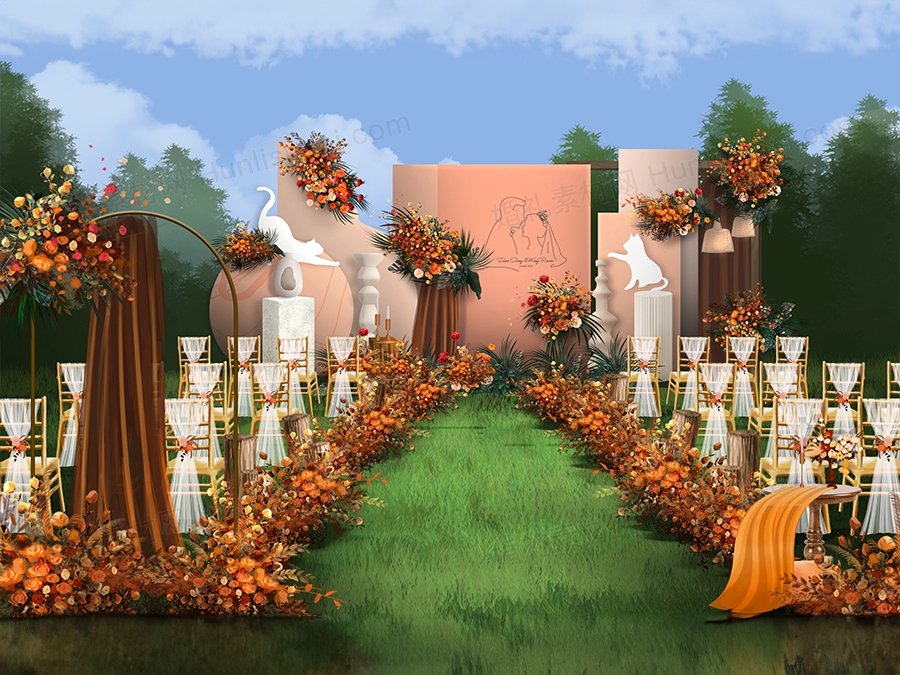 橘色秋色橙色小红书爆款宠物猫户外草坪婚礼设计效果图素材psd - 婚礼素材网