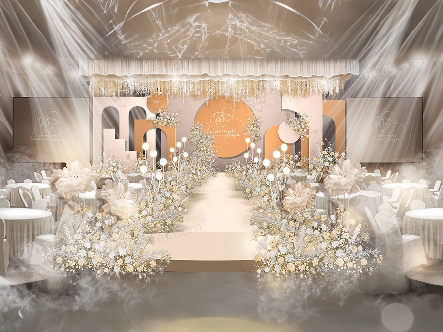 香槟色土黄色简约泰式婚礼设计舞台效果图背景素材psd源文件 - 婚礼素材网