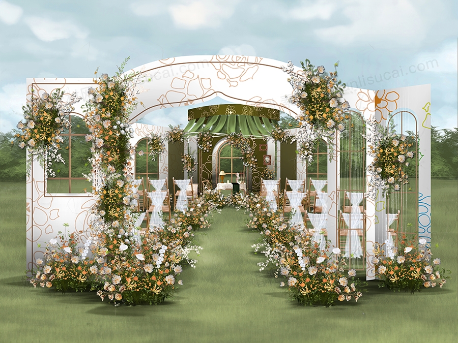 奶咖色咖啡色法式庄园主题户外草坪婚礼设计效果图素材psd - 婚礼素材网