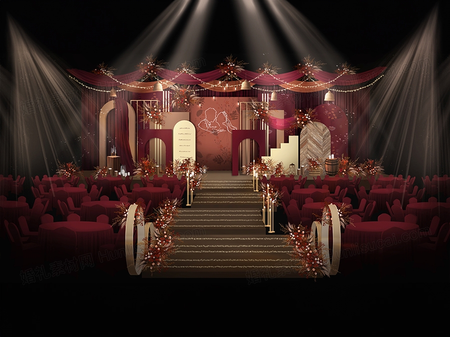 酒红色橘色美式乡村风格婚礼设计舞台效果图背景喷绘素材psd - 婚礼素材网