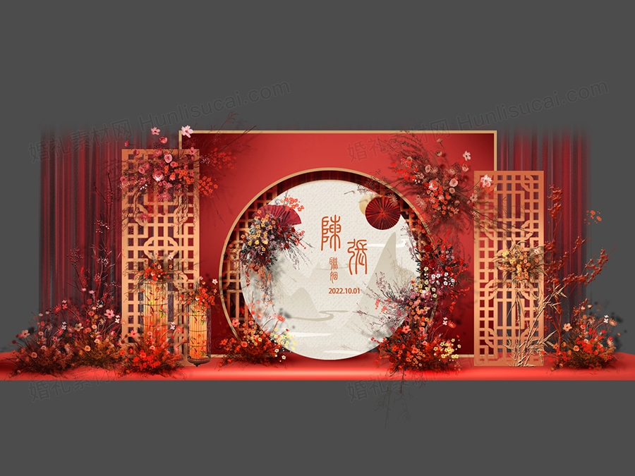 红色金色新中式传统喜庆拱门圆形婚礼设计展示区效果图素材psd - 婚礼素材网
