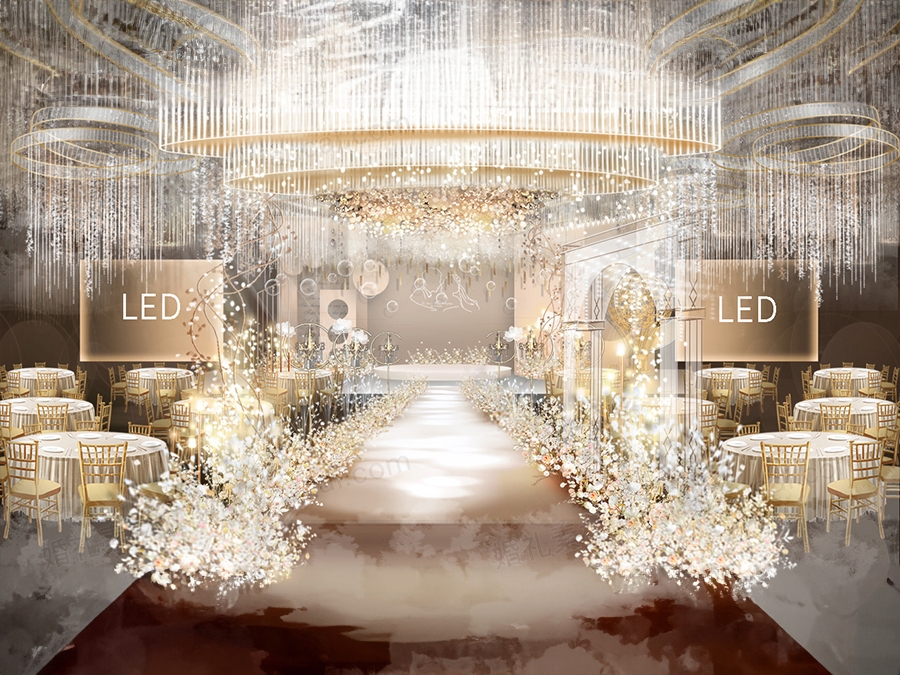 香槟色美女与野兽欧式城堡背景婚礼设计舞台效果图背景素材psd - 婚礼素材网