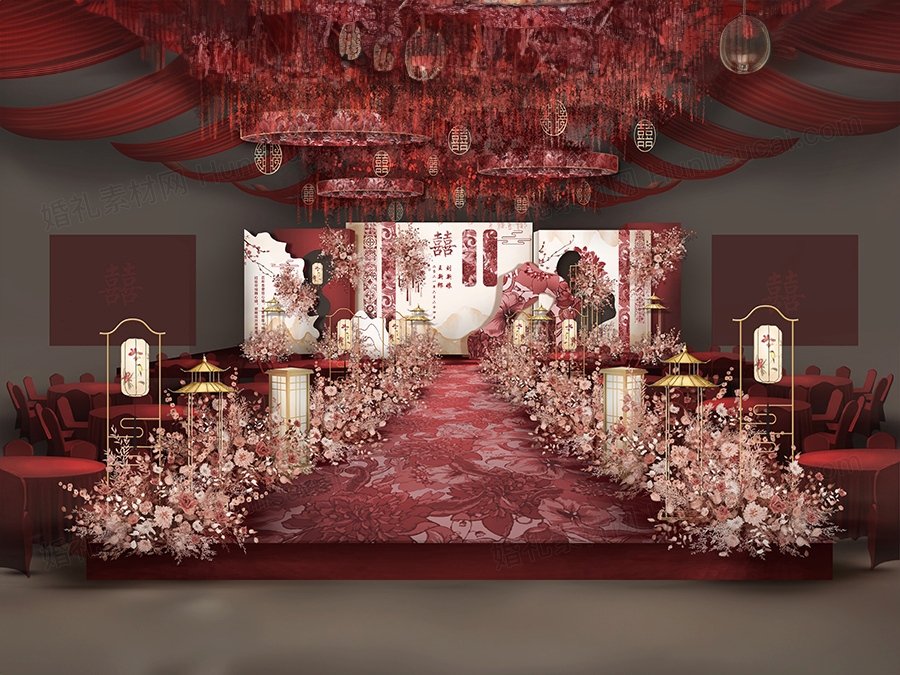 红色白色新中式高端喜庆婚礼设计婚庆效果图背景方案PSD素材 - 婚礼素材网