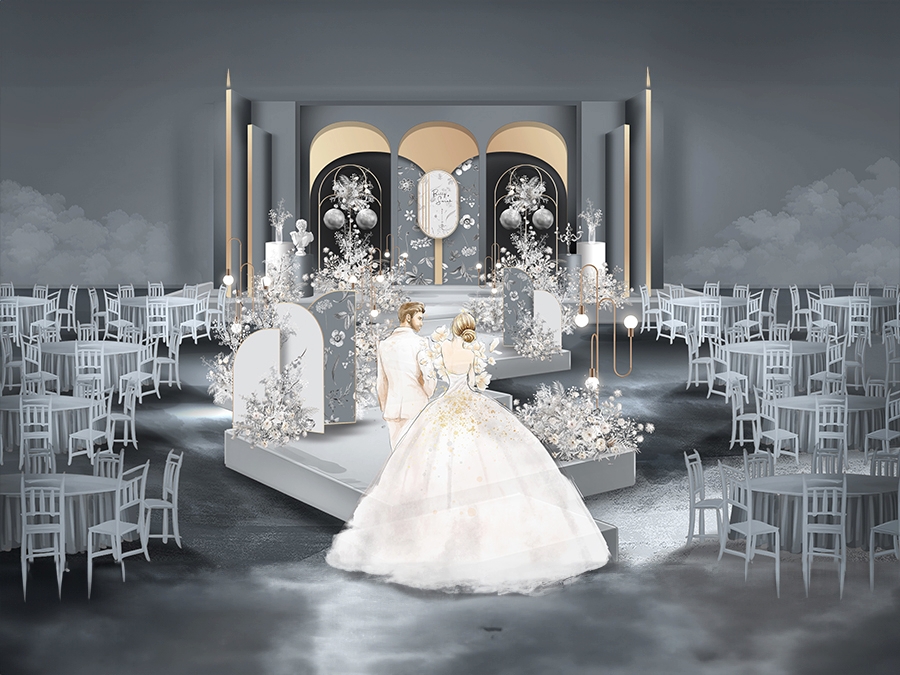灰色法式庄园碎花背景婚礼设计婚庆效果图舞台背景素材psd - 婚礼素材网