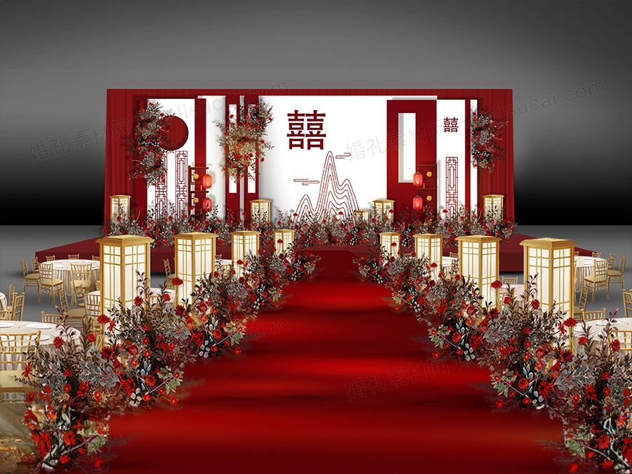 红白色INS简约侘寂风格新中式婚礼设计婚庆效果图素材psd - 婚礼素材网