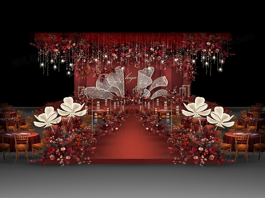 红色喜庆INS简约泰式婚礼设计婚庆效果图背景喷绘PSD素材 - 婚礼素材网