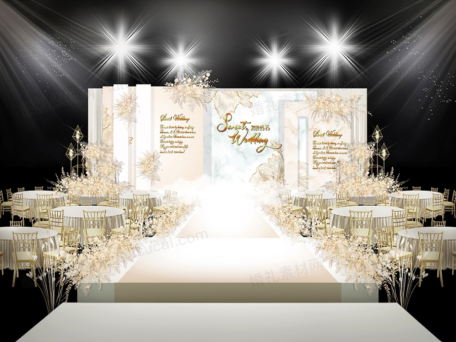 白色香槟色欧式花纹婚礼设计舞台展示区背景布置喷绘素材效果图 - 婚礼素材网
