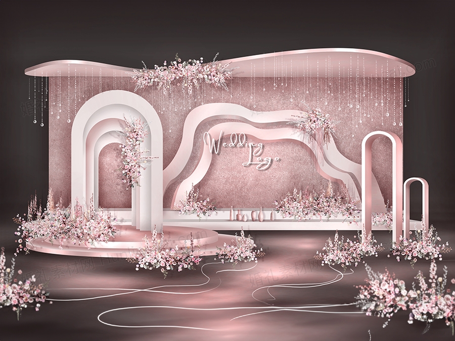 粉色侘寂风创意艺术高端婚礼设计手绘效果图布置素材psd源文件 - 婚礼素材网