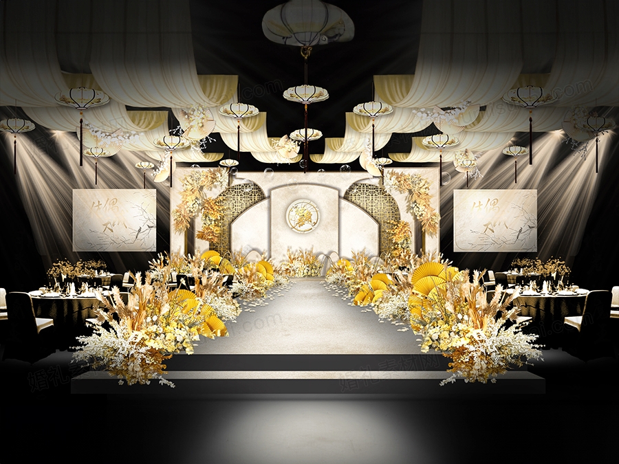香槟色古典新中式传统婚礼设计舞台效果图背景方案素材psd - 婚礼素材网